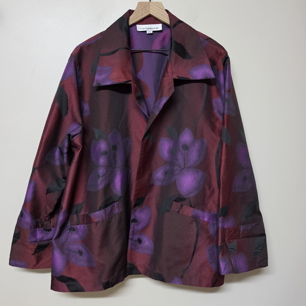 Caroline Rose Womens 2X Floral Jacket Burgundy Purple Art Wear Made USA Plus Siz